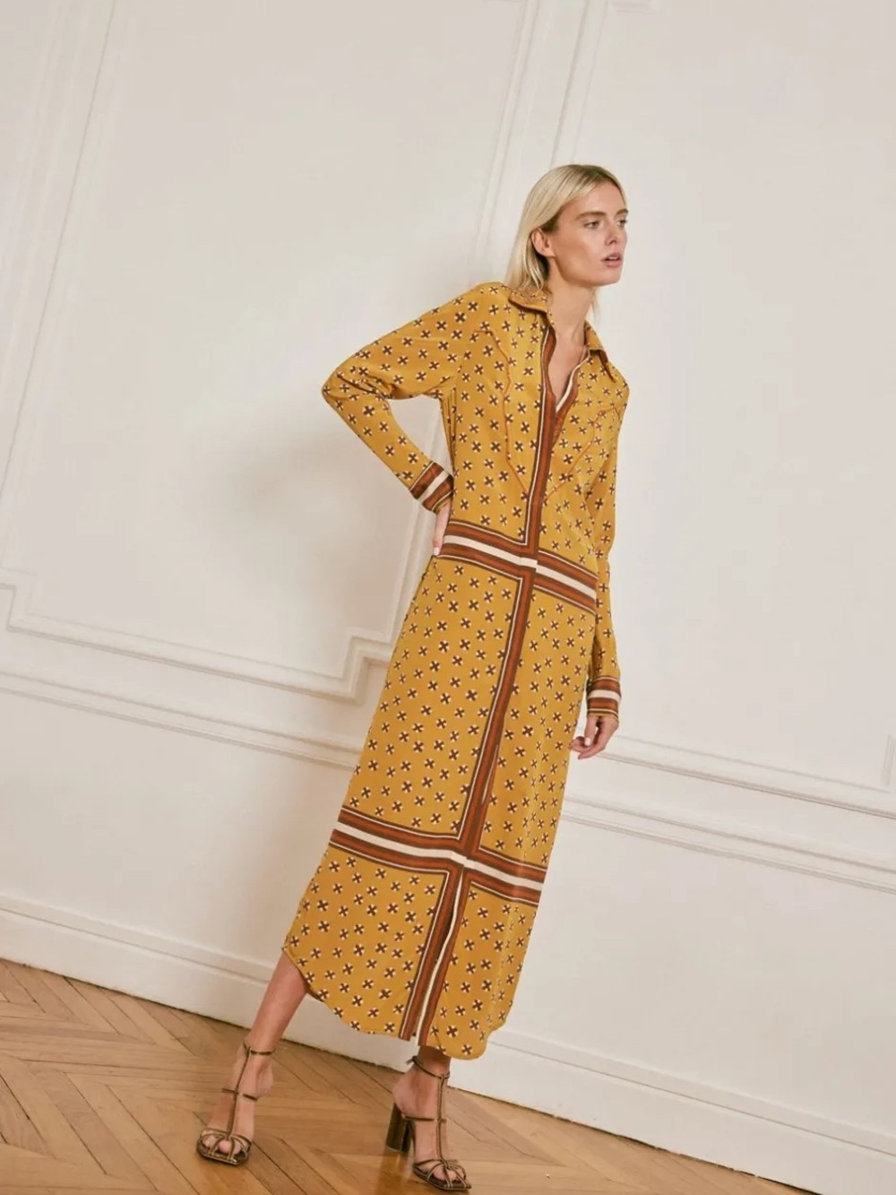 Johanna Ortiz Mustard Yellow Patterned Maxi Shirt Dress